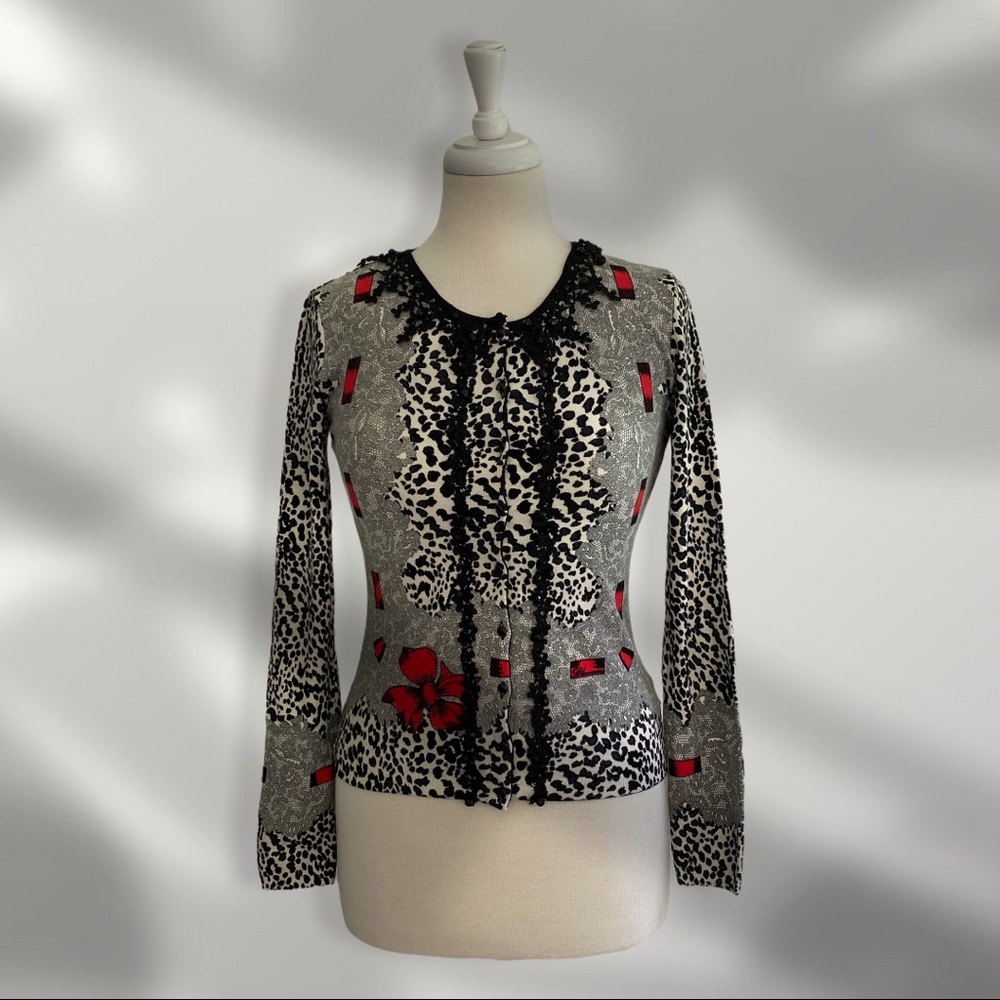 Blumarine Black Red Animal Print Cardigan Sweater